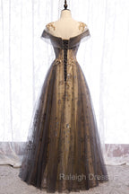 Gray Scoop Tulle Sequins Long Prom Dress, A Line Prom Prom Dress