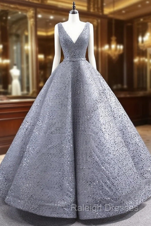 Gray Sequins Pearls V-neck Sleeveless Prom Dress