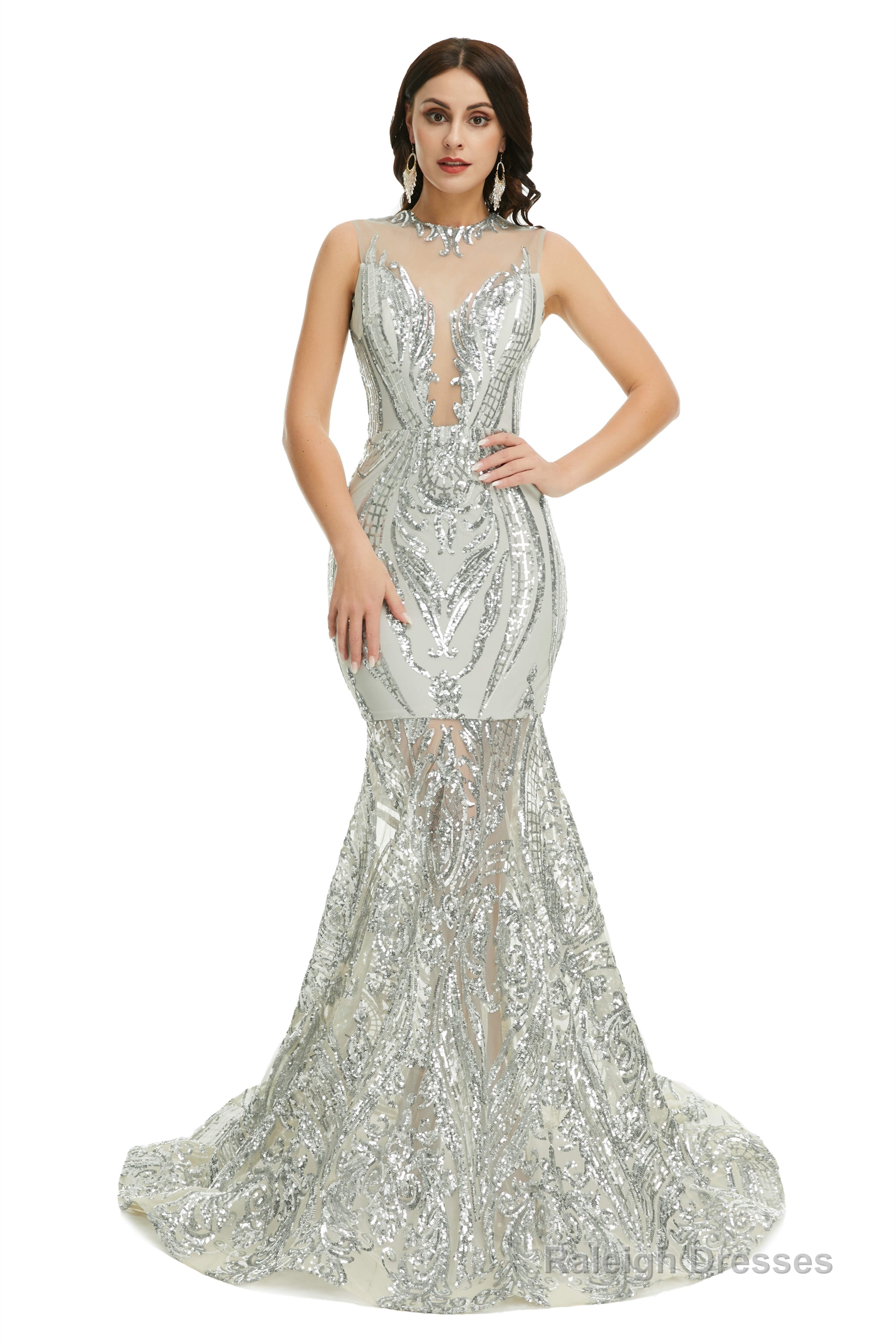 Sequins Sleeveless Floor Length Crew Neck Prom Dresses