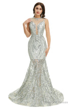 Sequins Sleeveless Floor Length Crew Neck Prom Dresses