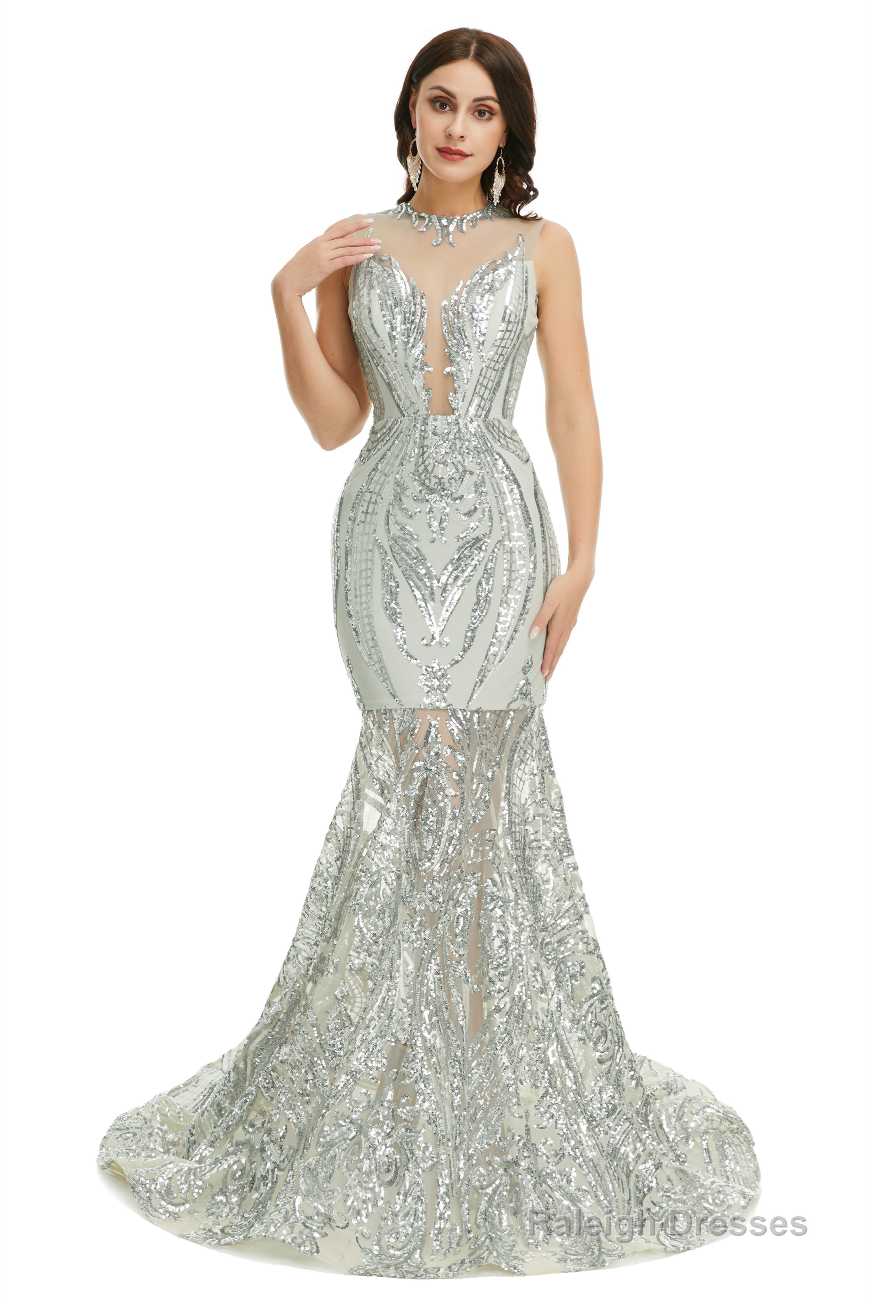 Sequins Sleeveless Floor Length Crew Neck Prom Dresses