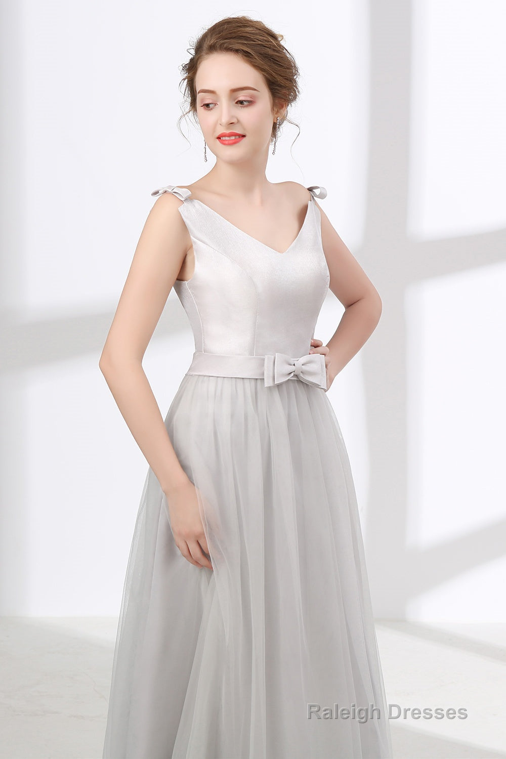 Gray Silver V Neck Tulle Prom Dresses