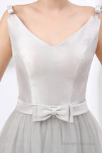 Gray Silver V Neck Tulle Prom Dresses