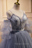 Gray Spaghetti Strap Lace Long Prom Dress, Off the Shoulder Prom Prom Dress