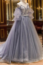 Gray Spaghetti Strap Lace Long Prom Dress, Off the Shoulder Evening Party Dress