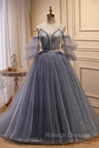 Gray Spaghetti Strap Lace Long Prom Dress, Off the Shoulder Prom Prom Dress