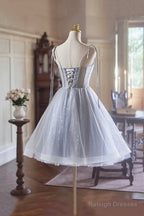 Gray Spaghetti Strap Tulle Short Prom Dress, Lovely A-Line Party Dress With Corset