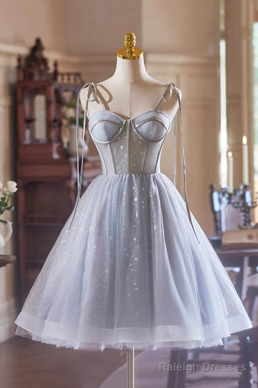 Gray Spaghetti Strap Tulle Short Prom Dress, Lovely A-Line Party Dress With Corset Main image
