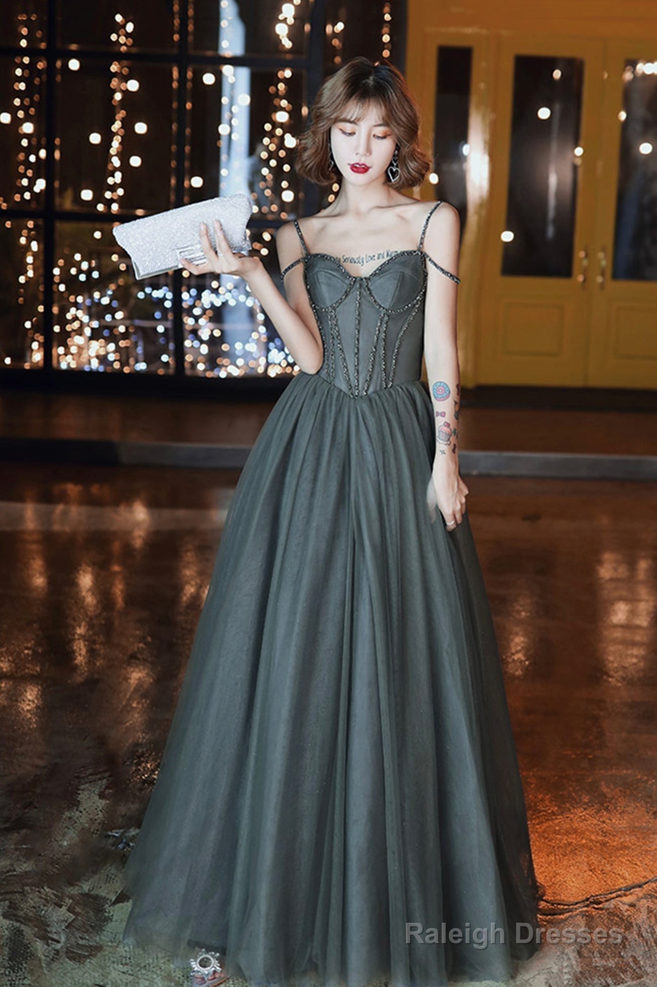 Gray Spaghetti Straps Tulle Long Prom Dress, A-Line Evening Party Dress