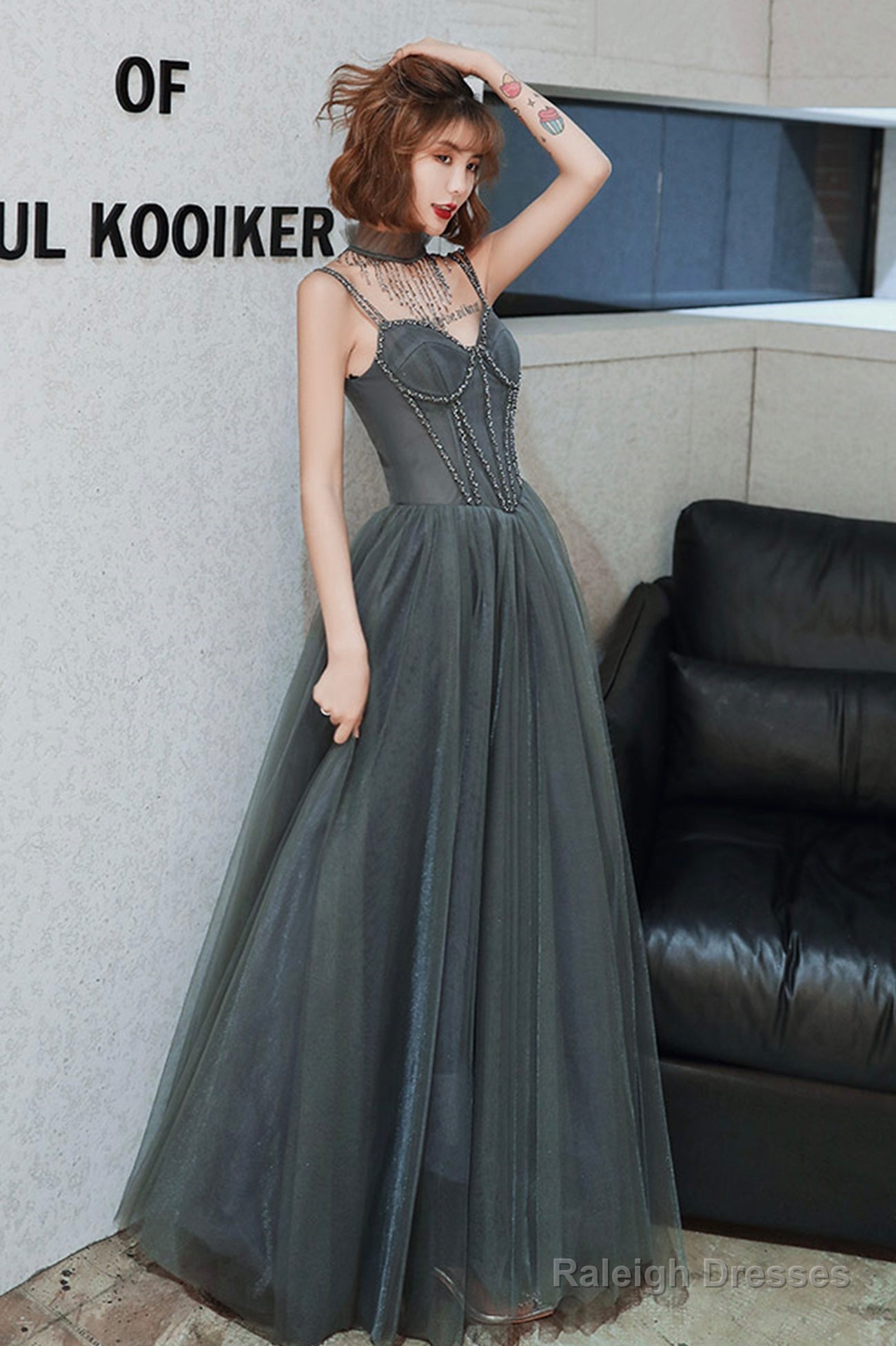 Gray Spaghetti Straps Tulle Long Prom Dress, A-Line Evening Party Dress