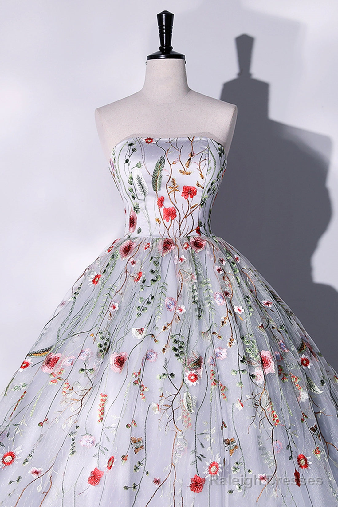 Gray Strapless Floral Tulle Long Prom Dress, Cute A-Line Evening Party Dress Secondary image