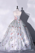 Gray Strapless Floral Tulle Long Prom Dress, Cute A-Line Evening Party Dress