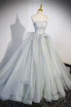 Gray Strapless Long Formal Dress, Gray Tulle Evening Dress Party Dress