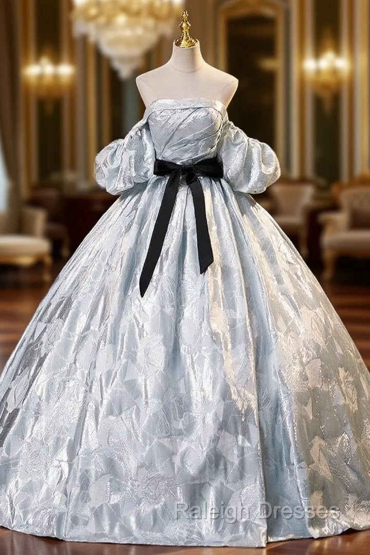 Gray Strapless Pleats Puff Sleeve Quinceanera Dress Main image