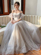 Gray Strapless Tulle Long Prom Dress, Lovely A-Line Evening Dress