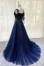 Dark Blue Gorgeous Shiny Sequins Long Elegant Tulle Ball Gown Evening Dress