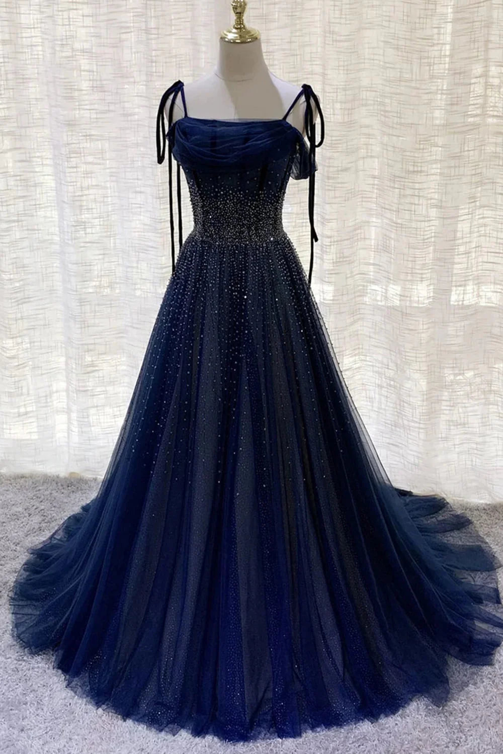 Dark Blue Gorgeous Shiny Sequins Long Elegant Tulle Ball Gown Evening Dress