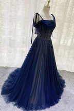 Dark Blue Gorgeous Shiny Sequins Long Elegant Tulle Ball Gown Evening Dress