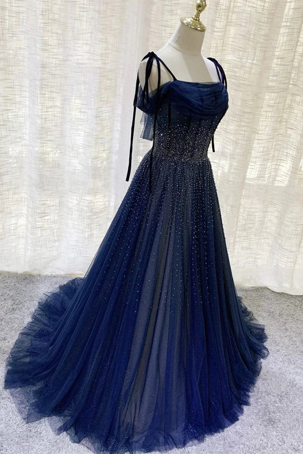 Dark Blue Gorgeous Shiny Sequins Long Elegant Tulle Ball Gown Evening Dress