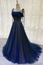 Dark Blue Gorgeous Shiny Sequins Long Elegant Tulle Ball Gown Evening Dress