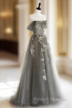 Gray Sweetheart Neck A Line Lace Long Prom Dresses Gray Prom Dresses
