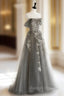 Gray Sweetheart Neck A Line Lace Long Prom Dresses Gray Prom Dresses