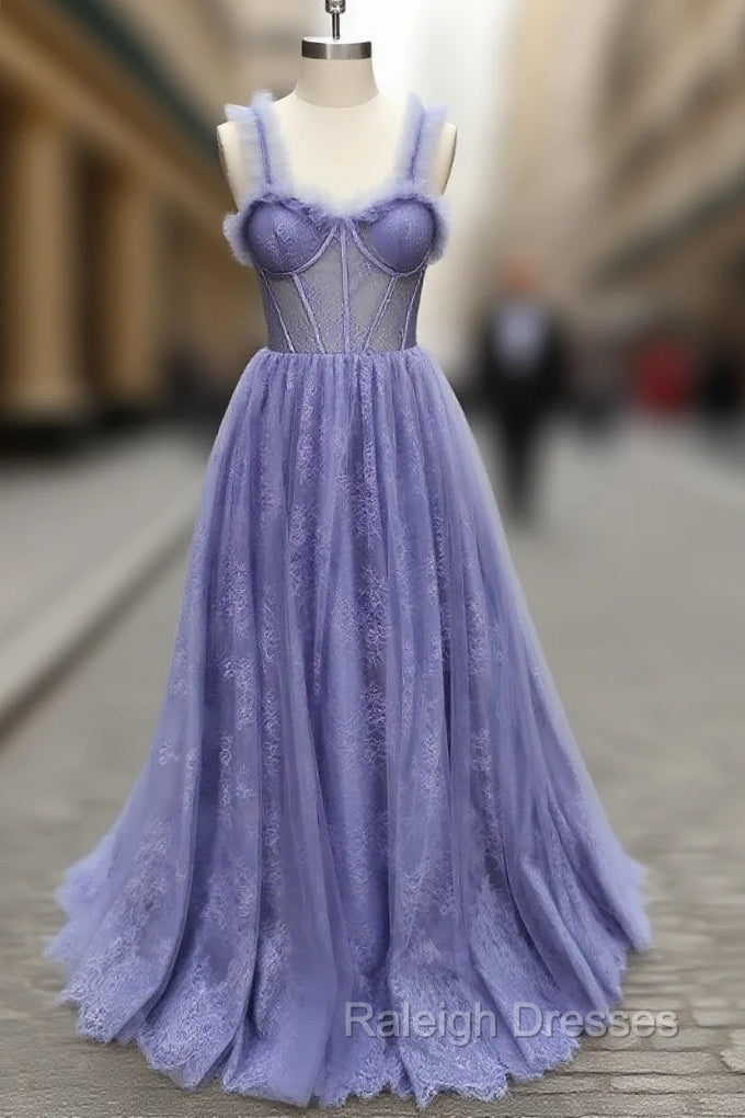 Gray Sweetheart Neck Tulle Lace Long Prom Dress Blue Formal Dress