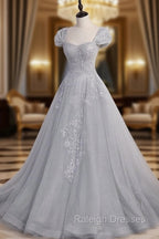 Gray Sweetheart Neck Tulle Lace Long Prom Dress, Gray Evening Dress