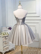 Gray Sweetheart Neck Tulle Lace Short Prom Dress, Cute Homecoming Dress