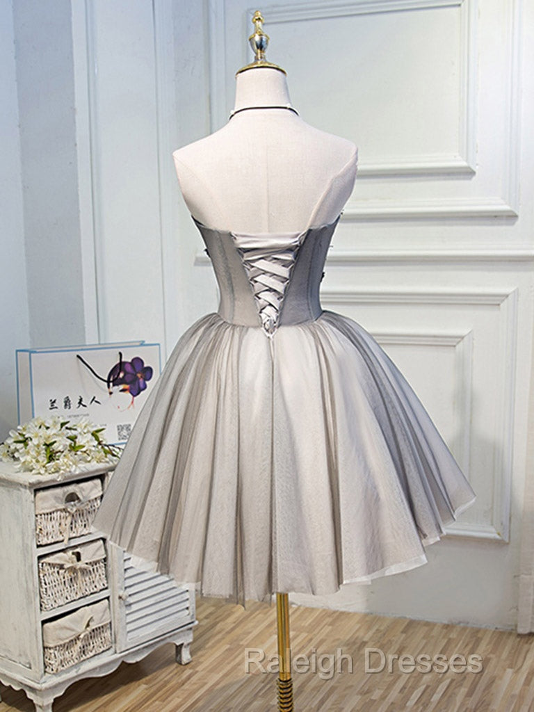 Gray Sweetheart Neck Tulle Lace Short Prom Dresses Cute Homecoming Dresses