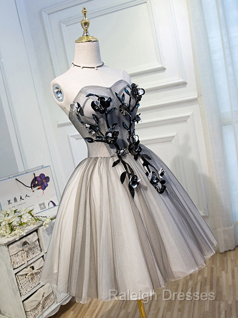 Gray Sweetheart Neck Tulle Lace Short Prom Dresses Cute Homecoming Dresses