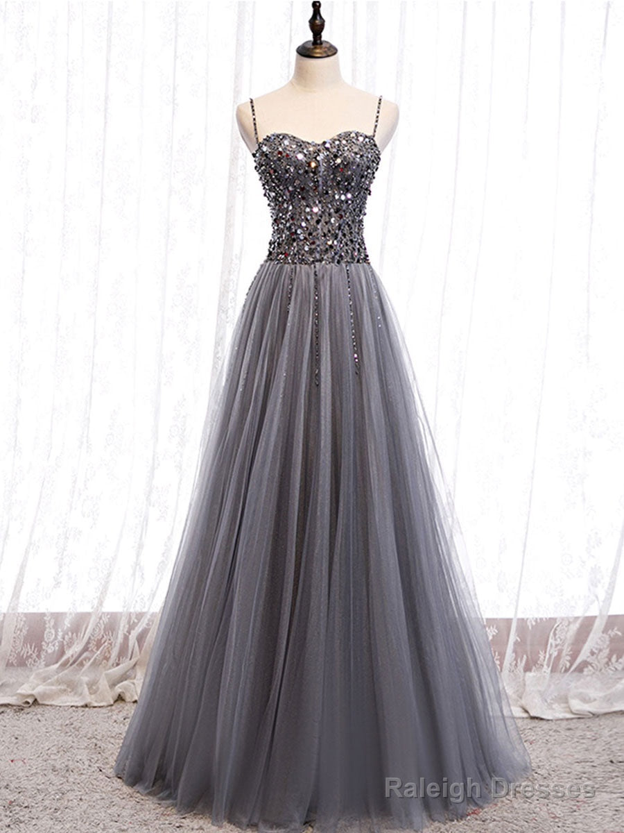 Gray Sweetheart Neck Tulle Sequin Beads Long Prom Dress Main image