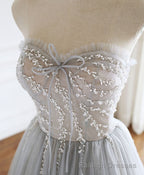 Gray Sweetheart Tulle Beads Long Prom Dress Gray Tulle Formal Dress