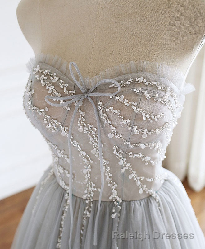 Gray Sweetheart Tulle Beads Long Prom Dress Gray Tulle Formal Dress