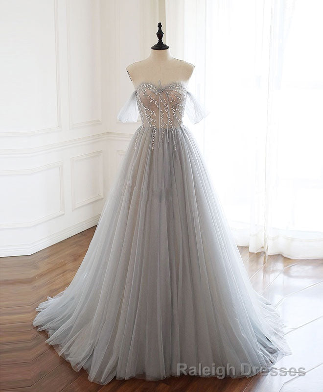 Gray Sweetheart Tulle Beads Long Prom Dress Gray Tulle Formal Dress Main image