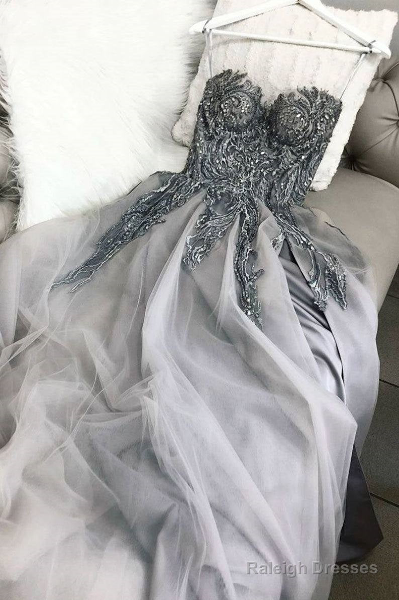 Gray Sweetheart Tulle Lace Long Prom Dress Gray Tulle Formal Dress Main image
