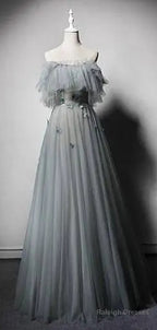 Gray Tulle A-Line Off Shoulder Prom Dresses