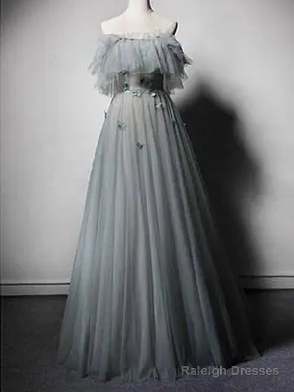 Gray Tulle A-Line Off Shoulder Prom Dresses