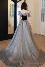 Gray Tulle And Black Velvet Long Prom Dress, Off The Shoulder Evening Party Dress