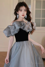 Gray Tulle And Black Velvet Long Prom Dress, Off The Shoulder Evening Party Dress