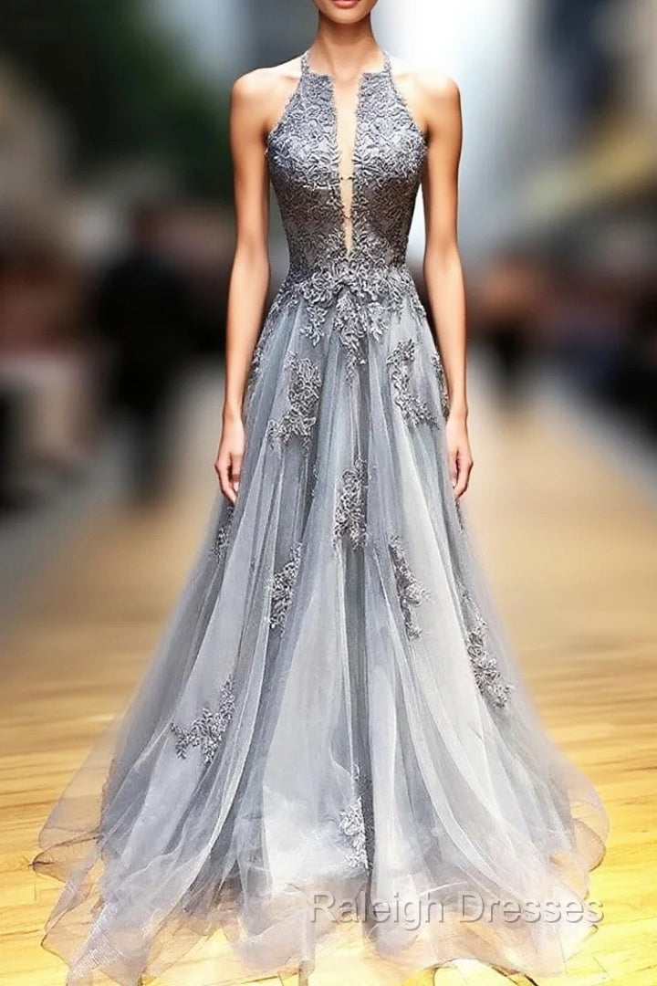 Gray Tulle Appliques Halter Backless Prom Dress