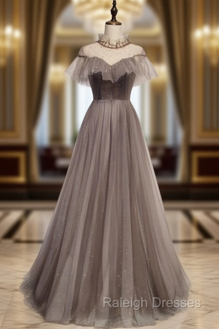 Gray Tulle Backless Cap Sleeve Sequins Prom Dress Main image