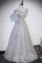 Gray Tulle Beaded Long A Line Prom Dresses Cute Prom Dresses