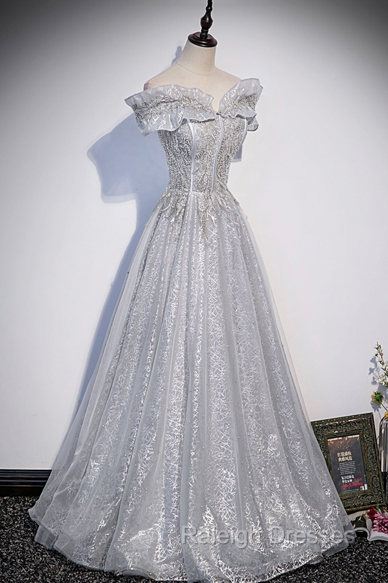Gray Tulle Beaded Long A Line Prom Dresses Cute Prom Dresses