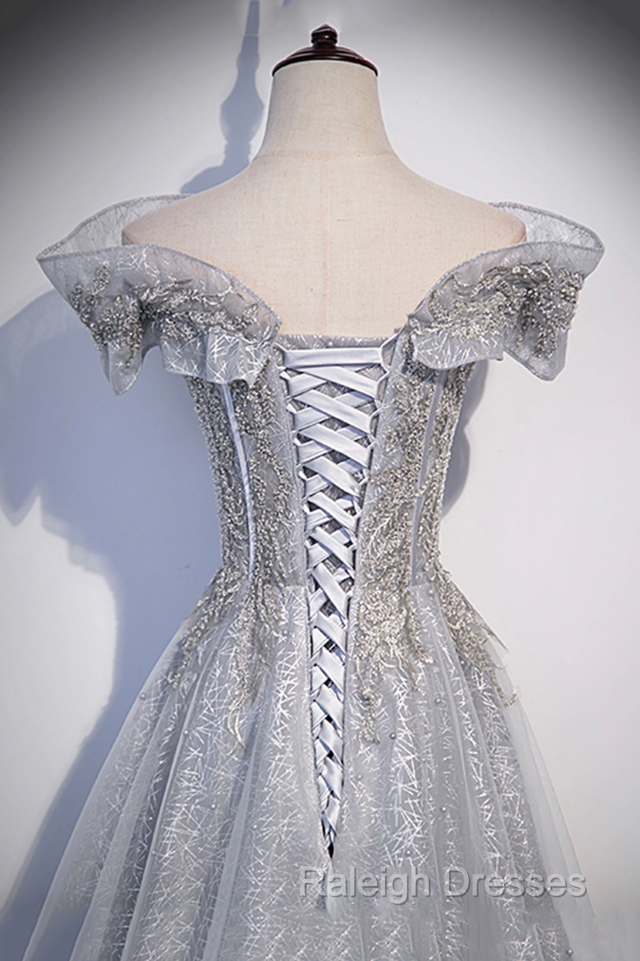 Gray Tulle Beaded Long A Line Prom Dresses Cute Prom Dresses