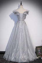 Gray Tulle Beaded Long A Line Prom Dresses Cute Prom Dresses