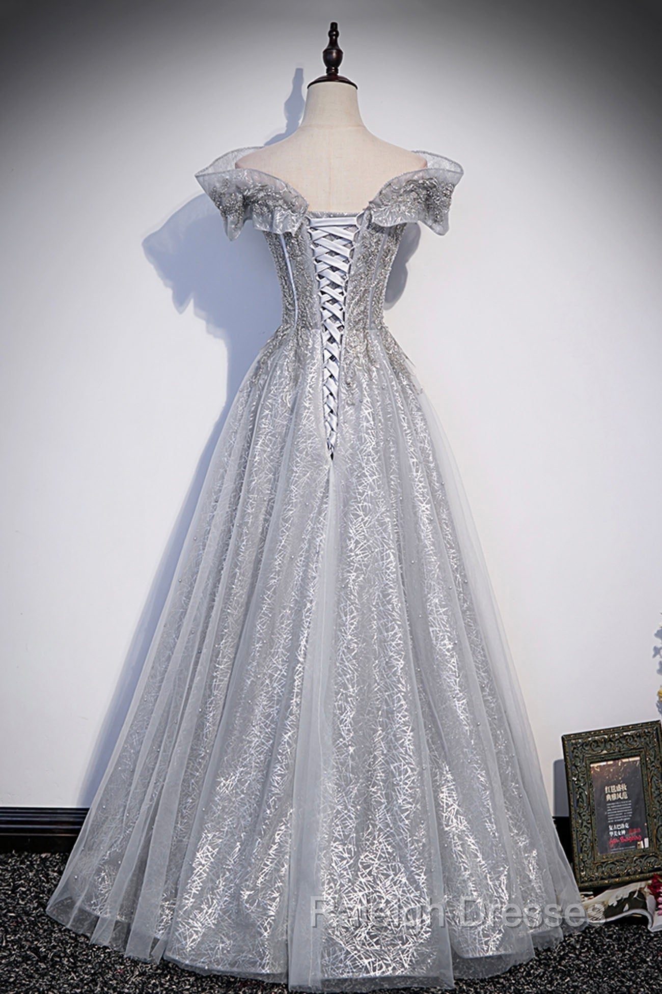 Gray Tulle Beaded Long A Line Prom Dresses Cute Prom Dresses