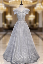 Gray Tulle Beaded Long A-Line Prom Dress, Cute Evening Party Dress
