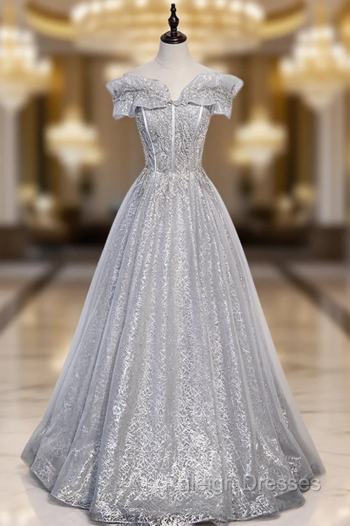 Gray Tulle Beaded Long A Line Prom Dresses Cute Prom Dresses