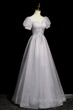Gray Tulle Beaded Long Prom Dress, A-Line Short Sleeve Prom Prom Dress